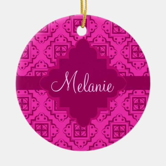 Pink Fuchsia & Magenta Arabesque Moroccan Graphic Ceramic Ornament (Front)