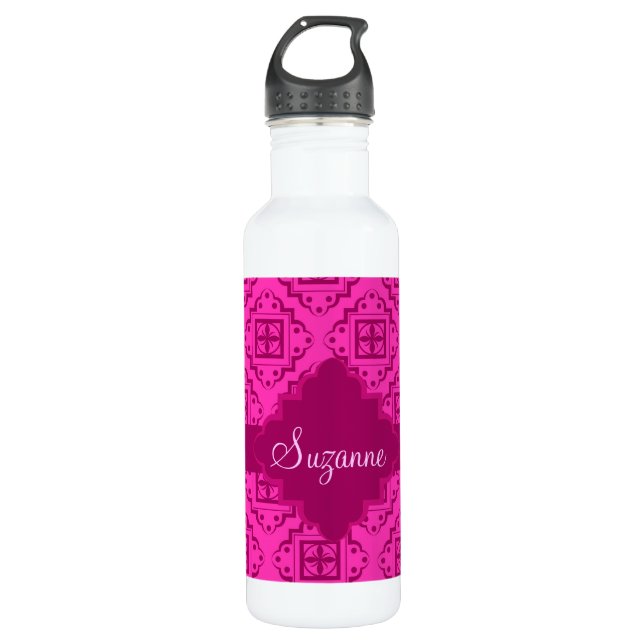 Pink Fuchsia & Magenta Arabesque Moroccan Graphic Water Bottle (Front)