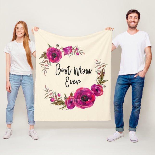 Pink Fuchsia Poppies  Best Mom Ever - Mother's Da Fleece Blanket (In Situ)