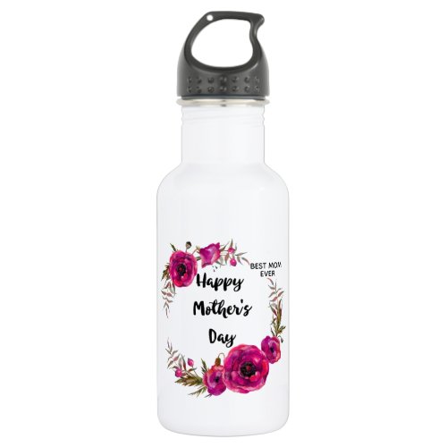 Pink Fuchsia Poppies  Best Mom Ever _ Mothers Day Stainless Steel Water Bottle