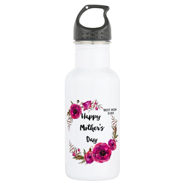 Pink Fuchsia Poppies  Best Mom Ever - Mother's Day Stainless Steel Water Bottle (Front)