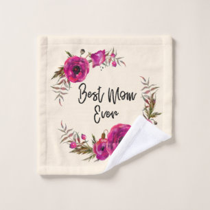 Pink Fuchsia Poppy Wreath Best Mom Ever Bath Towel Set
