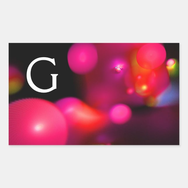 PINK FUCHSIA PURPLE BLACK FRACTAL BUBBLES MONOGRAM RECTANGULAR STICKER (Front)