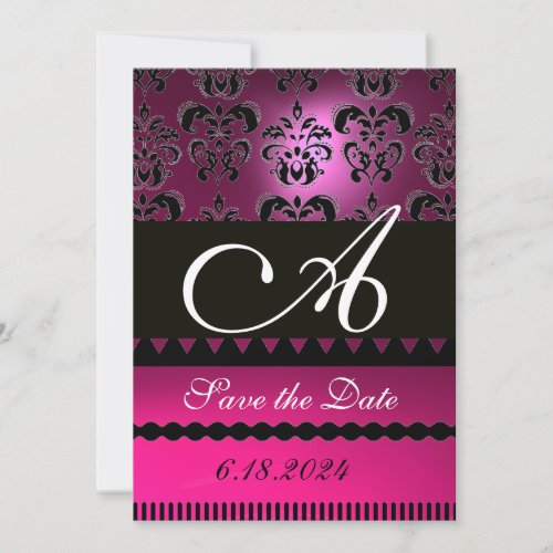 PINK FUCHSIA PURPLE DAMASK MONOGRAM Black Save The Date