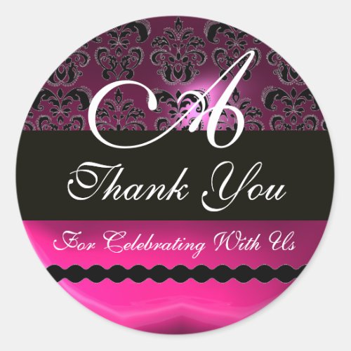 PINK FUCHSIA PURPLE DAMASK MONOGRAM violet Classic Round Sticker