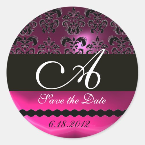 PINK FUCHSIA PURPLE DAMASK MONOGRAM violet Classic Round Sticker