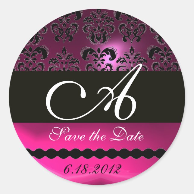 PINK FUCHSIA PURPLE DAMASK MONOGRAM, violet Classic Round Sticker (Front)
