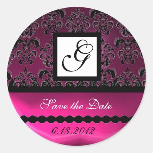 PINK FUCHSIA PURPLE DAMASK SQUARE MONOGRAM violet Classic Round Sticker