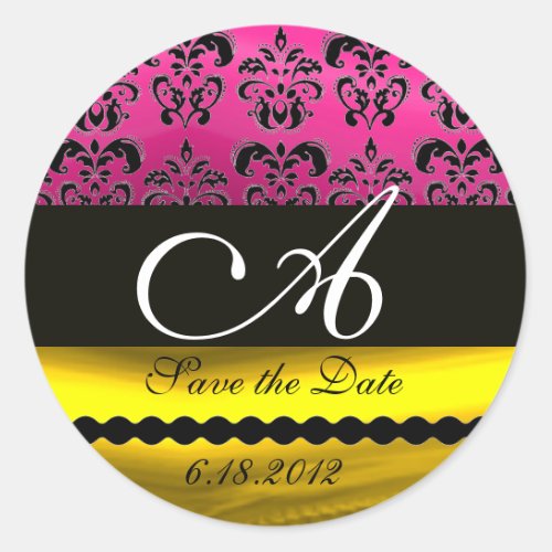 PINK FUCHSIA PURPLE GOLD BLACK DAMASK MONOGRAM CLASSIC ROUND STICKER