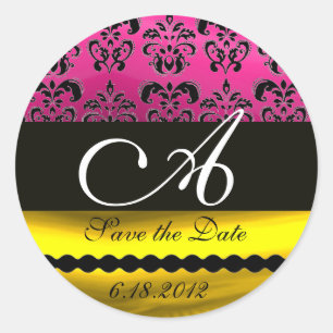 PINK FUCHSIA PURPLE GOLD BLACK DAMASK MONOGRAM CLASSIC ROUND STICKER