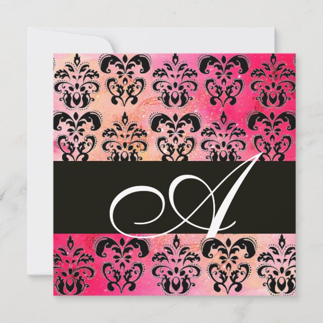 PINK FUCHSIA RED BLACK DAMASK MONOGRAM , white Invitation (Front)