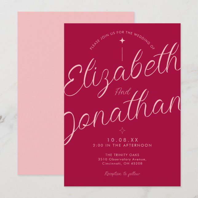 Pink Fuchsia Retro Modern Bold Script Wedding Invitation (Front/Back)