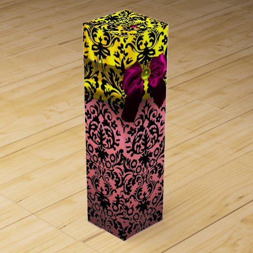 PINK FUCHSIA RIBBON BLACK GOLD ART NOUVEAU DAMASK WINE GIFT BOX