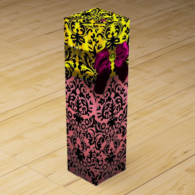 PINK FUCHSIA RIBBON, BLACK GOLD ART NOUVEAU DAMASK WINE GIFT BOX (Front)