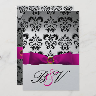 PINK FUCHSIA RIBBON SILVER BLACK  DAMASK MONOGRAM INVITATION