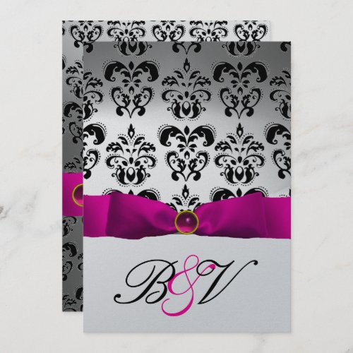 PINK FUCHSIA RIBBON SILVER BLACK  DAMASK MONOGRAM INVITATION