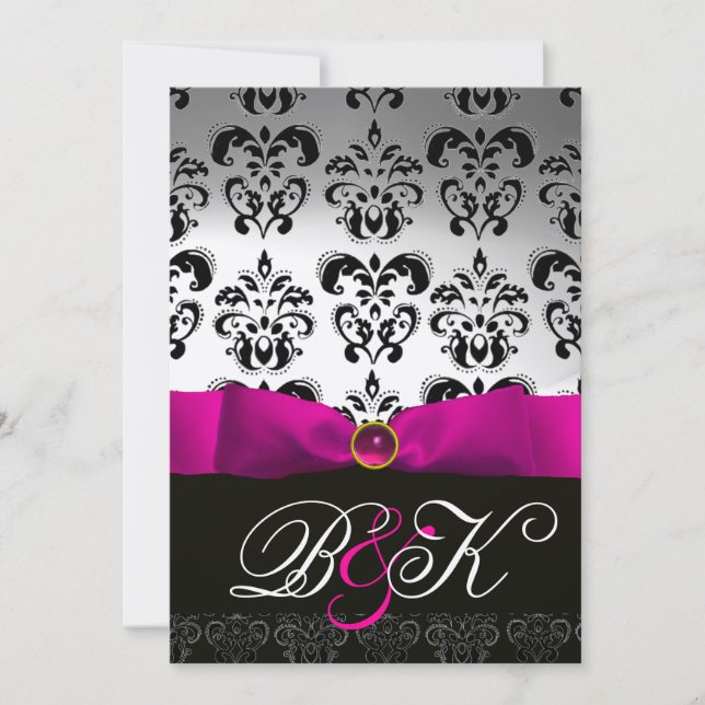 PINK FUCHSIA RIBBON WHITE BLACK  DAMASK MONOGRAM INVITATION (Front)