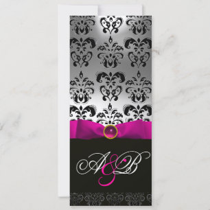 PINK FUCHSIA RIBBON WHITE BLACK DAMASK MONOGRAM INVITATION