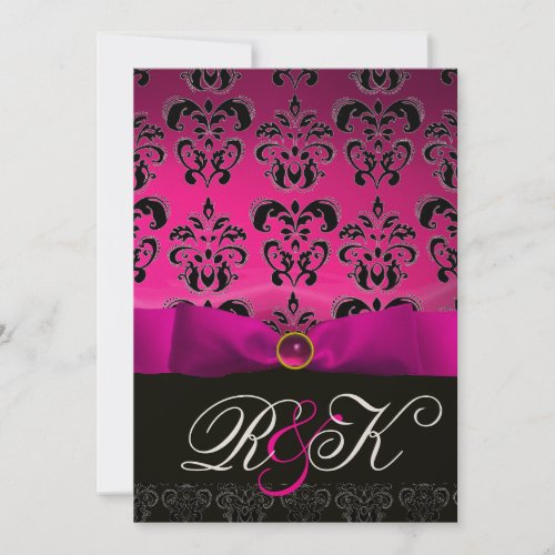 PINK FUCHSIA RIBBON WHITE BLACK  DAMASK MONOGRAM INVITATION