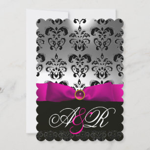 PINK FUCHSIA RIBBON WHITE BLACK DAMASK MONOGRAM INVITATION