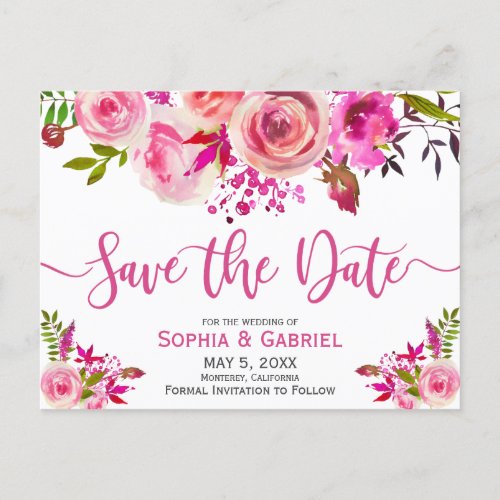 Pink Fuchsia Rose Botanical Floral  Save the Date Announcement Postcard