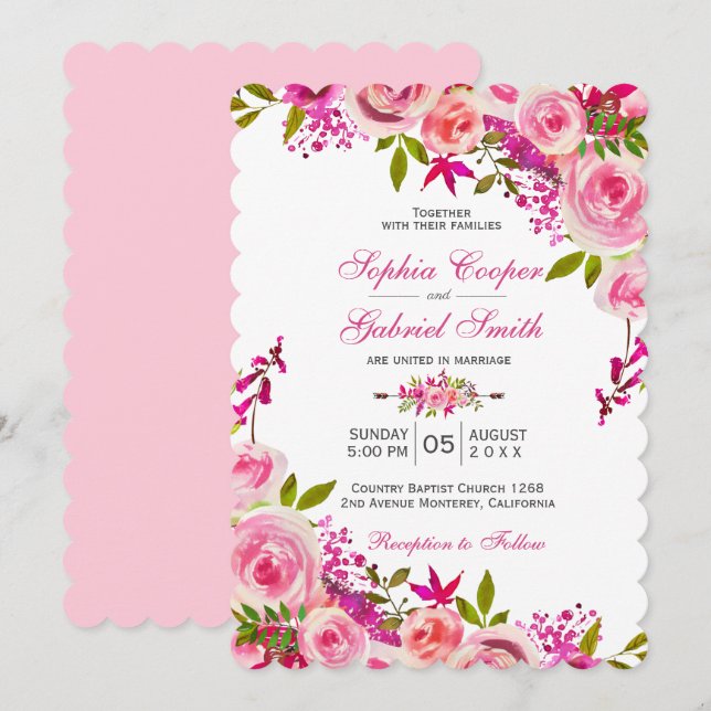 Pink Fuchsia Rose Botanical Floral Wedding Invitation (Front/Back)