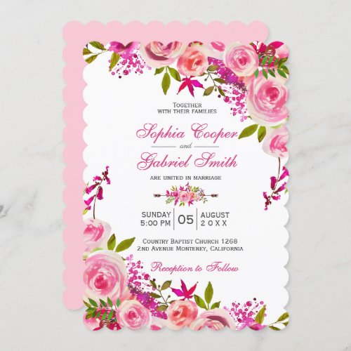 Pink Fuchsia Rose Botanical Floral Wedding Invitation