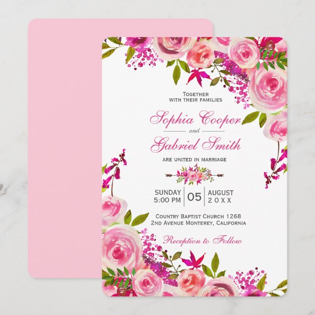 Pink Fuchsia Rose Botanical Floral Wedding Invitation (Front/Back)