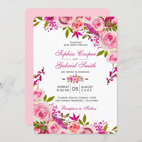 Pink Fuchsia Rose Botanical Floral Wedding Invitation
