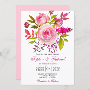 Pink Fuchsia Rose Botanical Floral Wedding Invitation