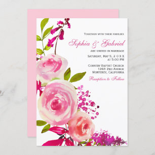 Pink Fuchsia Rose Botanical Floral Wedding Invitation