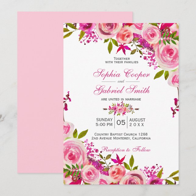 Pink Fuchsia Rose Botanical Floral Wedding Invitation (Front/Back)