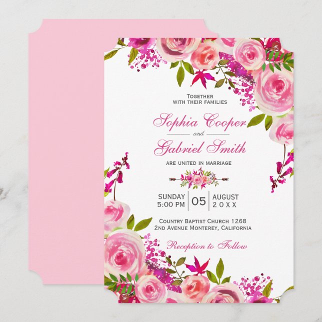 Pink Fuchsia Rose Botanical Floral Wedding Invitation (Front/Back)