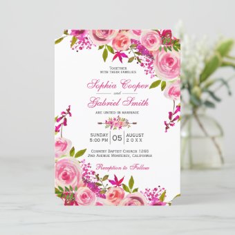 Pink Fuchsia Rose Botanical Floral Wedding Invitation | Zazzle