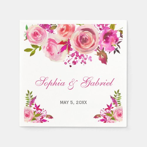 Pink Fuchsia Rose Botanical Floral Wedding Napkins