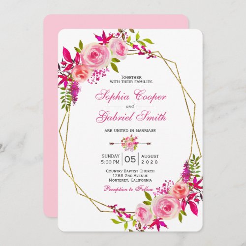 Pink Fuchsia Rose Floral  Gold Frame Wedding Invitation