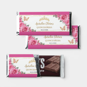 Pink Fuchsia Roses Floral Quinceañera Butterflies Hershey Bar Favors