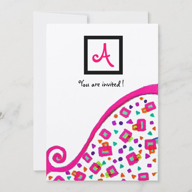 PINK FUCHSIA SILVER ABSTRACT DECO SQUARE MONOGRAM INVITATION (Front)