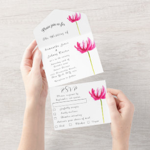 Pink Fuchsia Tulip Watercolor Wedding Floral All In One Invitation