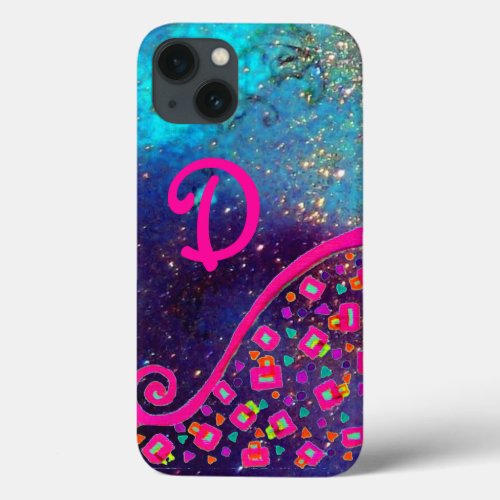 PINK FUCHSIA TURQUOISE BLUE ABSTRACT DECO MONOGRAM iPhone 13 CASE