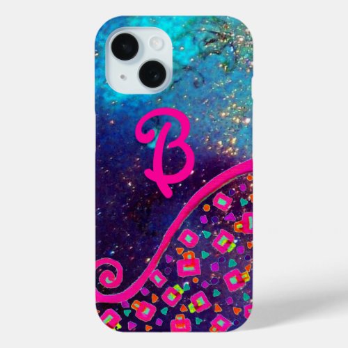 PINK FUCHSIA TURQUOISE BLUE ABSTRACT DECO MONOGRAM iPhone 15 CASE