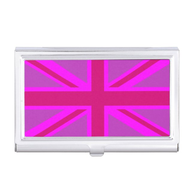 Pink Fuchsia Union Jack Flag Design Business Card Holder (Front)