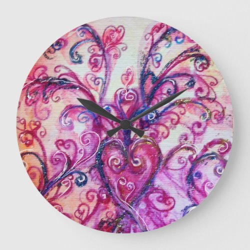 PINK FUCHSIA WHIMSICAL FLOURISHES WITH HEART LARGE CLOCK