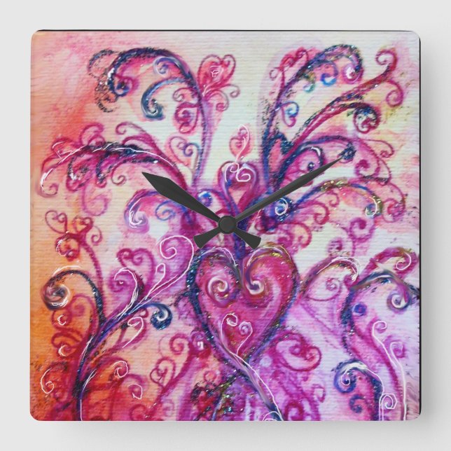 PINK FUCHSIA WHIMSICAL FLOURISHES WITH HEART SQUARE WALL CLOCK (Front)