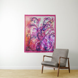 PINK FUCHSIA WHIMSICAL FLOURISHES WITH HEART TAPESTRY