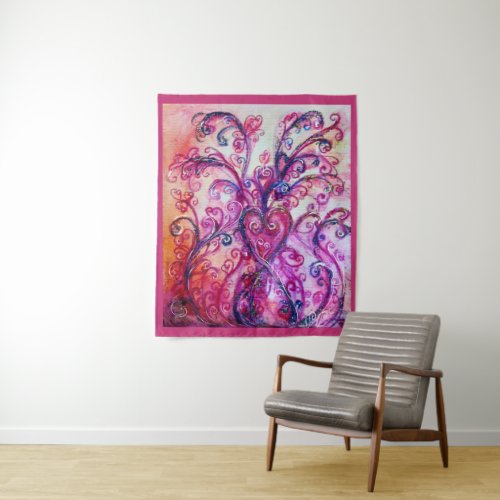 PINK FUCHSIA WHIMSICAL FLOURISHES WITH HEART TAPESTRY