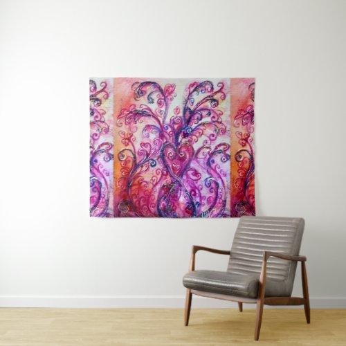 PINK FUCHSIA WHIMSICAL FLOURISHES WITH HEART TAPESTRY