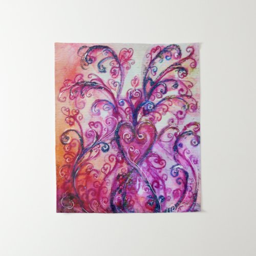 PINK FUCHSIA WHIMSICAL FLOURISHES WITH HEART TAPESTRY