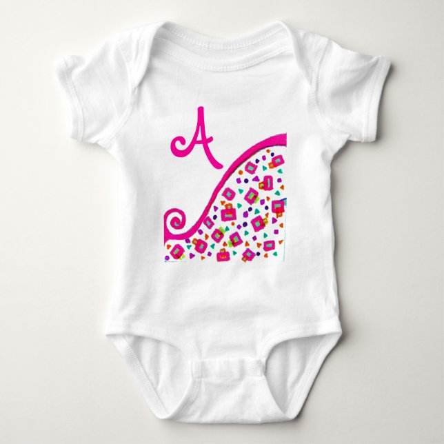 PINK FUCHSIA WHITE ABSTRACT DECO MONOGRAM BABY BODYSUIT (Front)