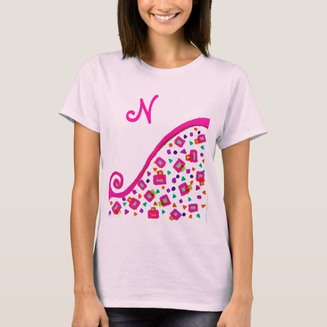 PINK FUCHSIA WHITE ABSTRACT DECO MONOGRAM T-Shirt (Front)